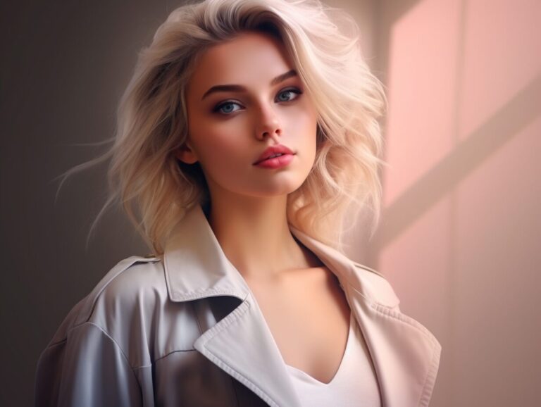 beautiful platinum blond woman wearing fashionable outfit